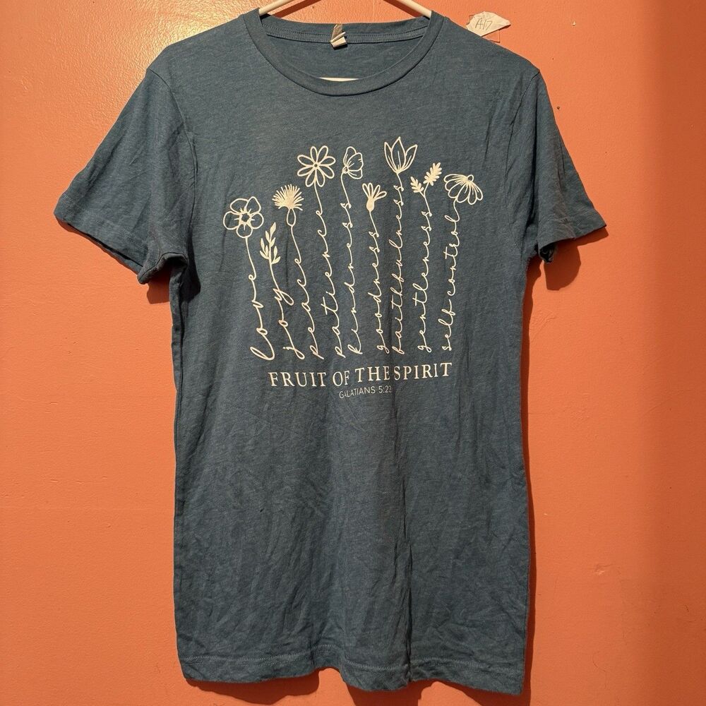 Love In Faith Womens TShirt S Small Blue Flowers Galatians 5:22 Religious Tee